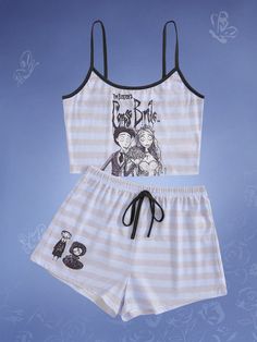 Striped Cartoon Graphic Striped PJ Set, School Multicolor     Cartoon,Striped Short Sets Slight Stretch All Women Sleep & Lounge, size features are:Bust: ,Length: ,Sleeve Length: Pajama Sets For Women, Cute Pajama, Sleepwear Women Pajamas, Corpse Bride