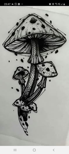 a drawing of a mushroom on paper with ink splatters and dots around it