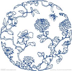 a blue and white drawing of flowers in a circle