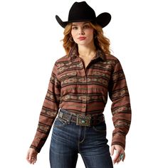 Dressed up or covered in dust, this rider fave is perfect for your everyday. Layer it over a plain tee for extra warmth or wear it solo tucked into a pair of perfect-rise jeans. Everyday Western Shirt | Product Features : 0 : Snap-front closure|Western yoke detail, 1 : Chest pockets | Women's Everyday Western Shirt in Soft Silt Serape Print Garment is prewashed to help minimize shrinking. 100% Cotton. Imported, Size: 3X by Ariat Ariat Button Up Shirts Women, Western Style Relaxed Fit T-shirt For Ranch, Rodeo Button-up Tops With Pockets, Relaxed Fit Cotton T-shirt For Rodeo, Rodeo Button-up Shirt With Pockets, Womens Work Boots, Womens Cowgirl Boots, Boots Store, Cowboy Boots Women