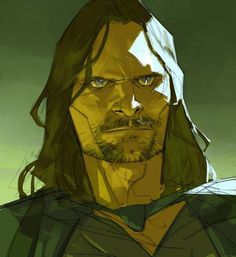 a digital painting of a man with long hair and beard wearing a green shirt looking at the camera