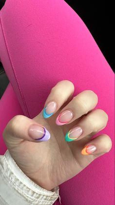 Colorful Double French Tip Nails, 2 Colored French Tip Nails, Cute Pastel French Tip Nails, Almond French Tip Different Colors, Spring Nails Two Colors, Beach Nails Colorful, Cute Summer Nails Colorful, Multicolored Tips Nails, Cute Spring Break Nails French Tip