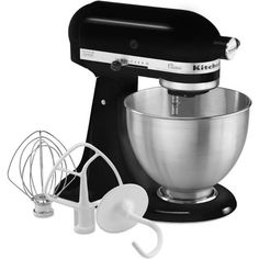 an image of a kitchen aid mixer set up with attachments for mixing and whisk