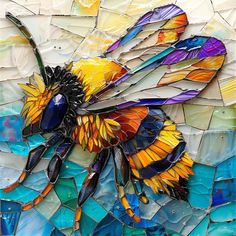 a glass mosaic with a colorful bee on it's back end and wings spread out