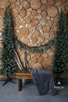 two evergreen trees sitting next to each other in front of a wood paneled wall