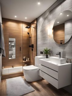 a modern bathroom with wood paneling and white fixtures