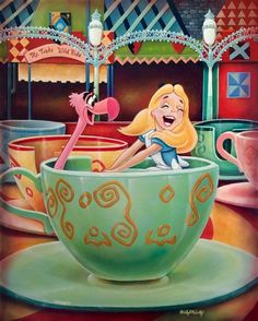 a painting of a cartoon character in a tea cup with spoons and saucer