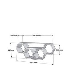 an image of a shelf with three shelves on each side and measurements for the width