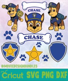 the paw patrol chase clipart set includes three dogs, one police officer and two stars