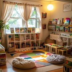 a child's playroom with toys and books