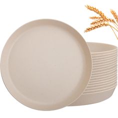 a stack of white plates with wheat stalks sticking out of the top, on a white background