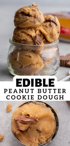 peanut butter cookie dough in a glass bowl with the words edible on top and bottom