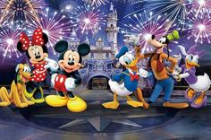 mickey mouse and other disney characters in front of fireworks