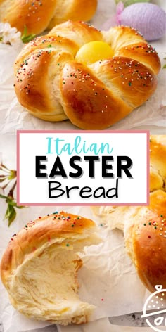 Golden brown soft bread wreath with a colorful Easter egg in the middle and sprinkles. Easter Breads, Italian Easter Recipes, Italian Easter Bread, Easter Bread Recipe, Colorful Eggs, Easter Desserts Recipes, Easter Bread