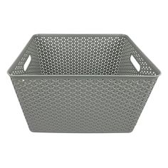 a gray plastic basket with holes on the sides and bottom, in front of a white background