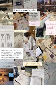 a collage of photos with many different things on it, including books and papers