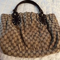 Authentic Bag Has Only Been Used Twice - Looks Like New! Beautiful On Your Shoulder And/Or Your Arm. Fabric In Perfect Condition. No Stains Or Discoloration. The Gs Make The Pictures Look Blurry. It Is Spacious And A Classic. Bought Both Gucci Bags I Have Listed Together. The Bags Looks Better In Person. Again Is Is Technically Brand New - Only Worn A Couple Of Times To Dinner And Back To Home- No Stains. Pictures Look Blurry Due To The Pattern. This Is A Non Smoking And Pet Free House. Pre-owned Satchel Shoulder Bag, Designer Pre-owned Shoulder Bag, Pre-owned Designer Satchel Bag, Pre-owned Designer Shoulder Bag, Designer Pre-owned Shoulder Bag With Double Handle, Designer Pre-owned Satchel Bag, Designer Pre-owned Double Handle Shoulder Bag, Gucci Tote Bag With Branded Hardware, Gucci Bag With Branded Hardware And Double Handle