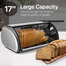 a toaster with slices of bread in it and the words, 17 large capacity allows storage for a loaf of toast or plenty of bread