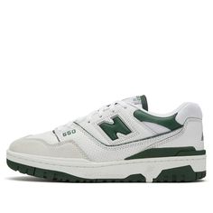 If you're looking for a classic sneaker with a modern touch, the New Balance 550 'White Green' is perfect for you. This shoe features white leather and forest green accents, making it perfect for any outfit. The low-profile silhouette and rubber cupsole provide superior comfort and durability, while the soft EVA cushioning ensures hours of cushioned wear. New Balance 550 White Green, Adidas Yeezy Black, Green New Balance, New Balance 550 White, Girls Shoes Sneakers, Black Gums, Everyday Shoes, Swag Shoes, Girls Sneakers