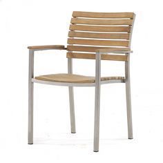 a wooden and metal outdoor chair with armrests on an isolated white background,