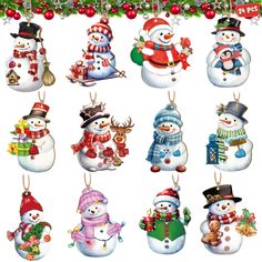 twelve snowman ornaments hanging from a christmas tree