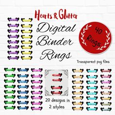 digital binder rings with hearts and bows in different colors, sizes and styles on a white brick wall