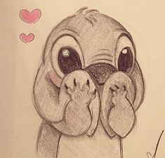 a drawing of a dog with two hearts on it's nose and one paw in the air