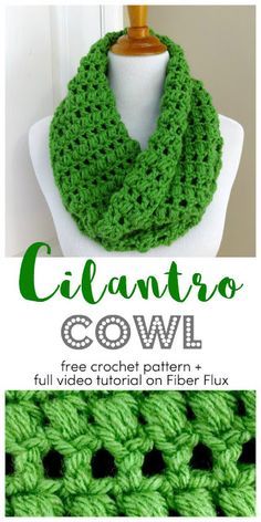 a green crochet cowl is shown with the text,'free video tutor on