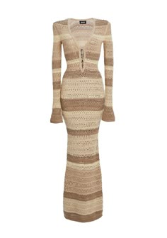 Knit crochet maxi dress with a v-neck, key hole cut outs, and bell sleeves. Shown here in Beige Stripe. 72% Rayon, 28% Polyester Made in China Model is 5'10" wearing size XS Style No. 3683-17 Spring Knits, Cute Dress Outfits, Crochet Maxi Dress, Crochet Maxi, Knit Outerwear, Key Hole, China Fashion, Matching Dresses, Crochet Fashion