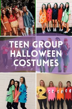 teen group halloween costumes with text overlay