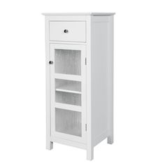 a white cabinet with glass doors on the front and bottom shelves, against a white background