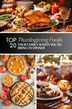 thanksgiving dinner with turkey, pies and other foods on the table in front of it