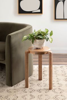 a small table with a potted plant on it in front of two framed pictures