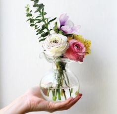 a person holding a vase with flowers in it