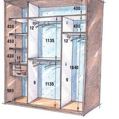 a drawing of a closet with measurements for the door and shelves on each side,