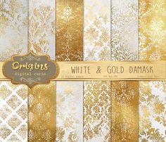 white and gold damask digital paper pack