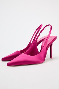 SATIN EFFECT HEELED SLINGBACKS - Fuchsia | ZARA United States Fuchsia Heels, Hot Pink Heels, Blazers Shoes, Joggers Shoes, Zara Heels, Slingback Shoes, Kinds Of Shoes, Slingbacks, Pink Heels