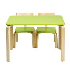 a green table and two chairs on a white background