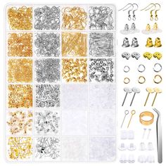 PRICES MAY VARY. 【EARRING KIT】 Anezus earring making kit contains tweezers, jump ring opener, 2320 pieces 24 style earring findings: earring stub backs (plastic, gold and silver), earring posts (gold, silver), earring hooks (gold, silver), eye pins (gold, silver) and open jump rings (gold, silver). You can use it to make or repair your earring and jewelry 【A VARIETY OF STYLES EARRING BACKS AND FINDINGS】 This earring making supplies kit includes 12 kinds of earring backings, various sizes, univer Earring Making Supplies, Earrings Diy Handmade, Earring Kit, Jewelry Making Kit, Earring Making, Handmade Jewelry Diy, Diy Crafts Jewelry, Jewelry Repair, Earring Hooks