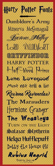 the harry potter font is shown in black and yellow, with red trimmings