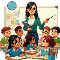 a woman teacher standing in front of her class room full of students while holding a clipboard