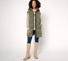 Cozy, comfortable, and cute... you'll say yes to this puffer vest from Nuage as the season's most sought-after layer. Show off its chic chevron-quilted design as you wear it for fall's outdoor activities like football games and apple picking. And because it keeps your core warm and toasty (and your arms free to take on any task), it carries you through winter as you're dashing through the snow to gather holiday gifts.\n\nThis puffed piece can be tossed on over long-sleeve tees, sophisticated swe Dashing Through The Snow, Quilted Puffer Vest, Grape Leaf, Chevron Quilt, Quilted Fabric, Fall Outdoor, Apple Picking, Style And Grace, Football Games