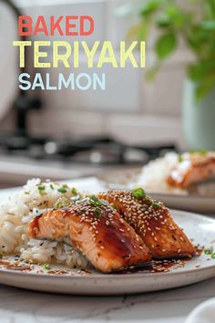 baked teriyaki salmon served over rice on a plate