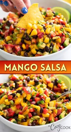 a white bowl filled with mango salsa and topped with a tortilla chip