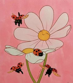 ladybugs and daisies on a pink background