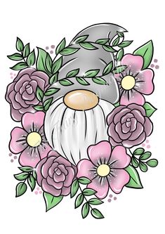 a gnome with flowers and leaves around it's head, surrounded by pink roses