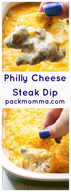 a person dipping cheese into a casserole in a white dish with the words phily cheese steak dip on it