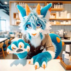 a blue and white stuffed animal sitting at a table in front of a counter top