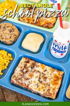 a blue tray filled with different types of food