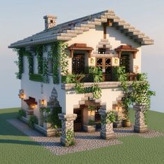 Spanish Style Homes Minecraft, Mc Building Ideas House, Front Porch Minecraft, Minecraft Greek House Ideas, Villagers Houses Minecraft, Minecraft House With Courtyard, Minecraft Huge House, Minecraft Rooftop Garden, Fishing Town Minecraft